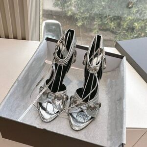 Metallic Silver Lace-Up High-Heel Sandals